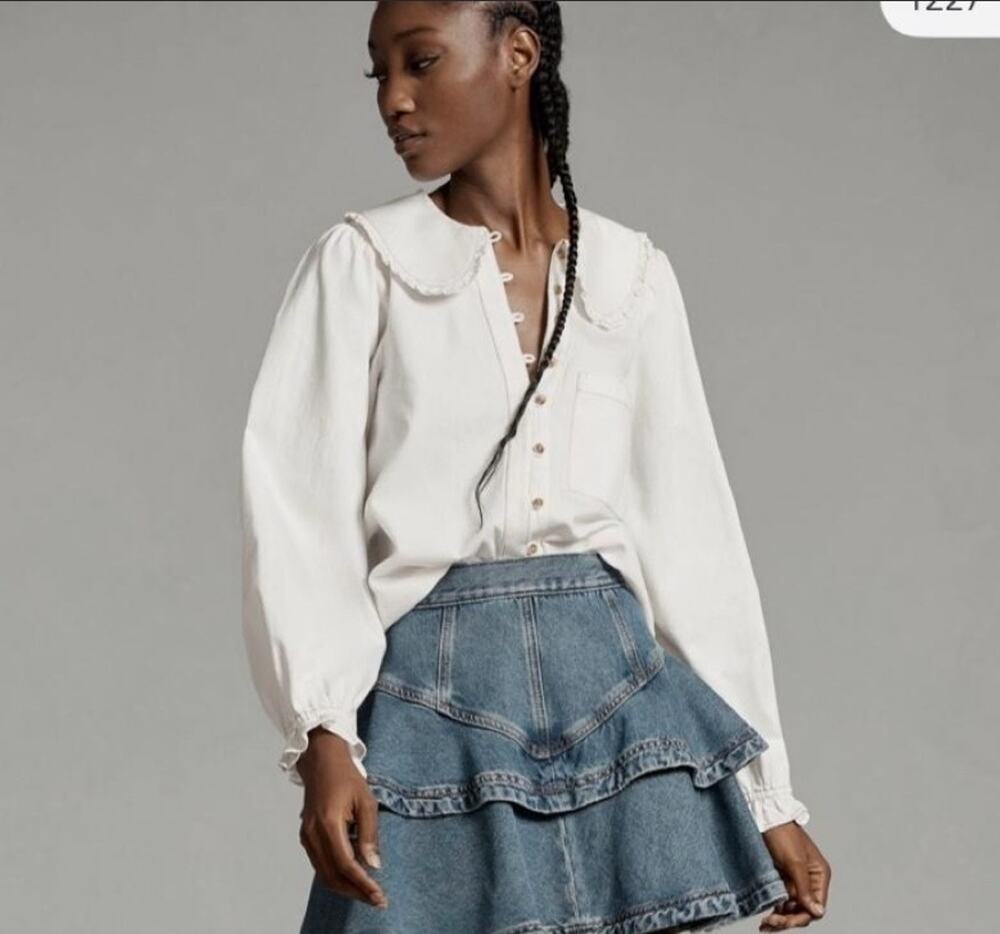 Anthro Pilcro Keira Blouse White Peter Pan Collar Puff Sleeve Medium Renaissance